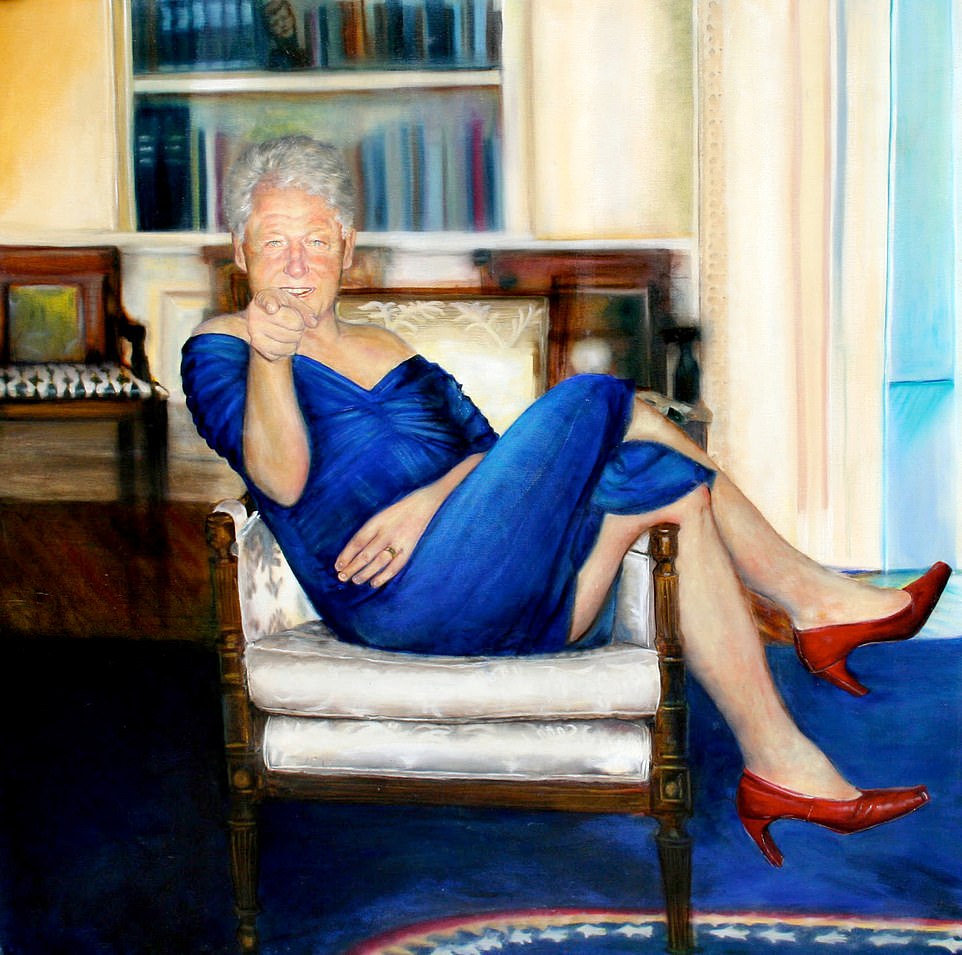 In 2019, DailyMail.com revealed Epstein had a bizarre portrait depicting the former Commander in Chief lounging on a chair in the Oval Office in blood red heels and a figure-hugging blue dress